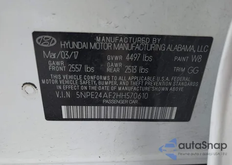 2017 Hyundai Sonata z USA, uszkodzony, nr VIN 5NPE24AF2HH570610